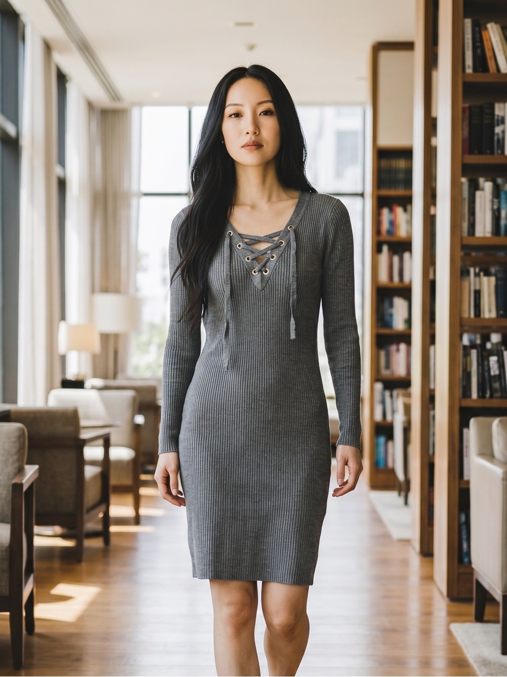 Poof! Gray V-Neck Long Sleeve Sweater Dress